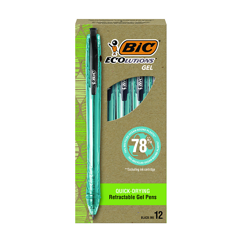 BIC Ecolutions Gel Pen, Retractable, Medium 1 mm, Black Ink, Blue Barrel, 12/Pack (BICRGLE11BLK)