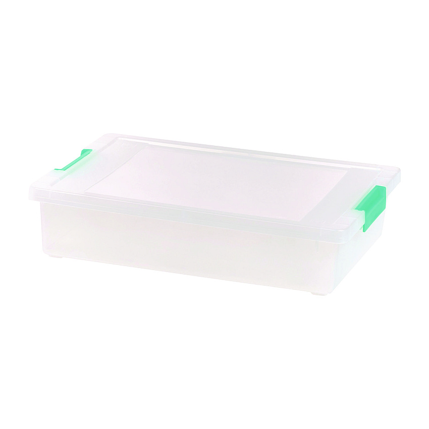 IRIS Latch Lid Storage Box, 2.3 gal, 14 x 11 x 3.5, Clear Bin/Seafoam Latches (IRS301158)