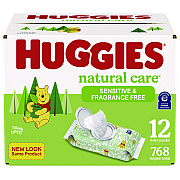 Huggies Natural Care Sensitive Baby Wipes, Unscented, White, 64/Pack, 12 Packs/Carton (KCC51079)
