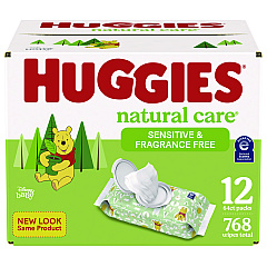 Huggies Natural Care Sensitive Baby Wipes, Unscented, White, 64/Pack, 12 Packs/Carton (KCC51079)