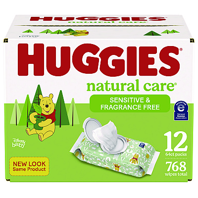 Huggies Natural Care Sensitive Baby Wipes, Unscented, White, 64/Pack, 12 Packs/Carton (KCC51079)