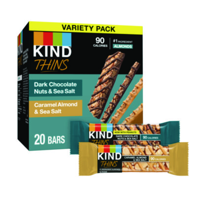 KIND Thins Bar Variety Pack, Caramel Almond & Sea Salt; Dark Chocolate Nuts & Sea Salt, 0.74 oz, 20/Box (KNDPHW41888)
