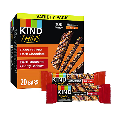 KIND Thins Bar Variety Pack, Dark Chocolate Cherry Cashew; Peanut Butter Dark Chocolate, 0.74 oz, 20/Box (KNDPHW41891)