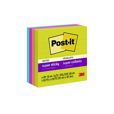 Post-it Notes Super Sticky Note Pads in Summer Joy Collection, 4" x 4", Note Ruled, 90 Sheets/Pad, 4 Pads/Pack (MMM6754SSJOY)