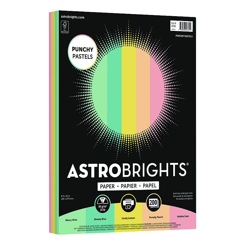 Astrobrights Color Paper - "Punchy Pastels" Assortment, 24 lb Bond Weight, 8.5 x 11, Assorted, 200/Pack (WAU91741)