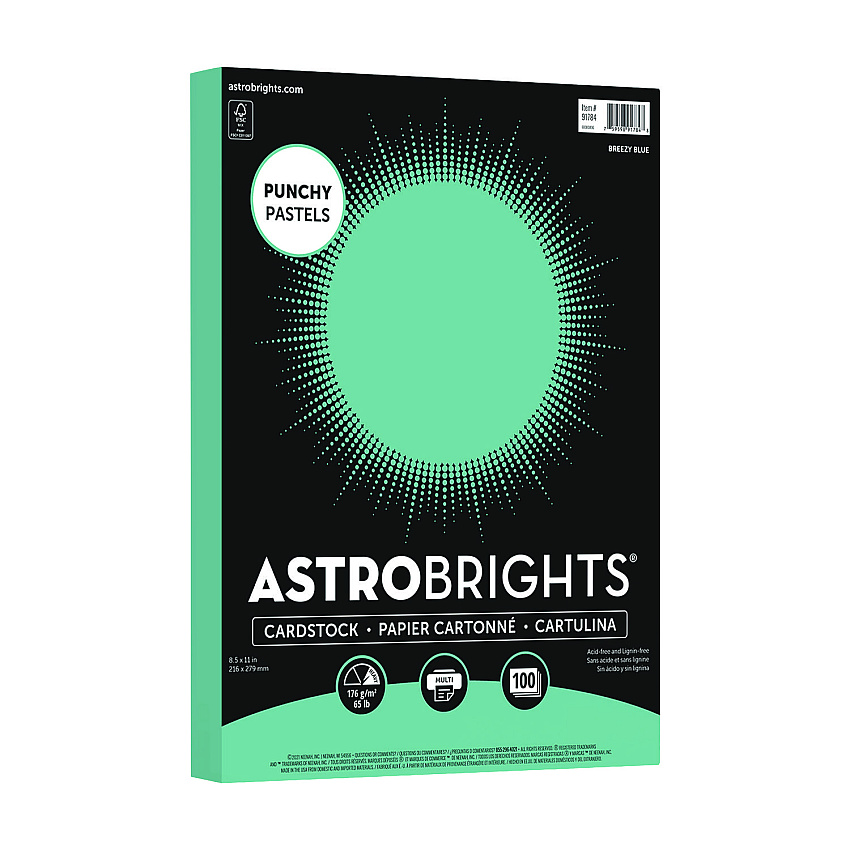 Astrobrights Color Cardstock -"Punchy Pastels" Assortment, 65 lb Cover Weight, 8.5 x 11, Breezy Blue, 100/Pack (WAU91784)