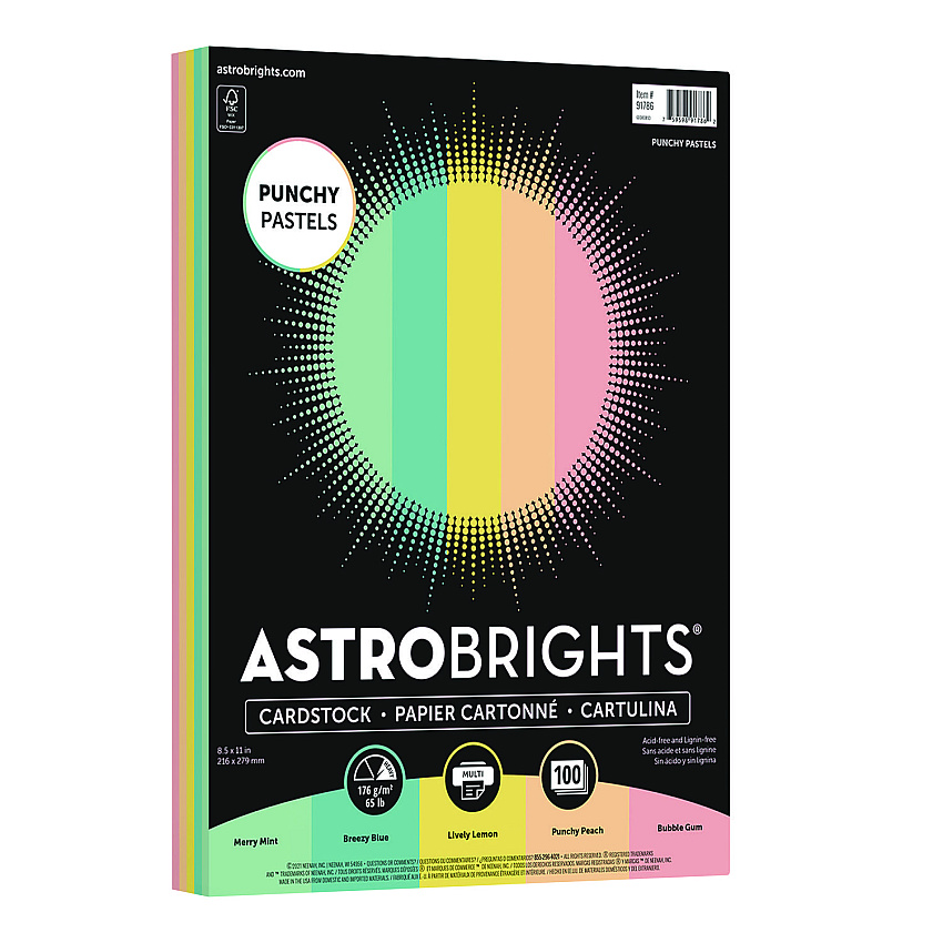Astrobrights Color Cardstock -"Punchy Pastels" Assortment, 65 lb Cover Weight, 8.5 x 11, Assorted, 100/Pack (WAU91786)