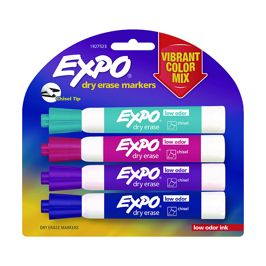 EXPO Low-Odor Dry Erase Marker, Broad Chisel Tip, Assorted Colors, 4/Pack (SAN1927523)