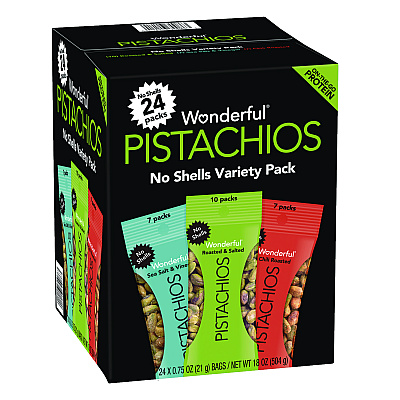 Wonderful No Shells Roasted and Salted Pistachios Variety Pack, Assorted Flavors, 0.75 oz Bag, 24/Carton (WONPAR70086)