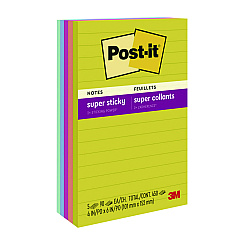 Post-it Notes Super Sticky Note Pads in Summer Joy Color Collection Colors, 4" x 6", Note Ruled, 90 Sheets/Pad, 5 Pads/Pack (MMM6605SSJOY)