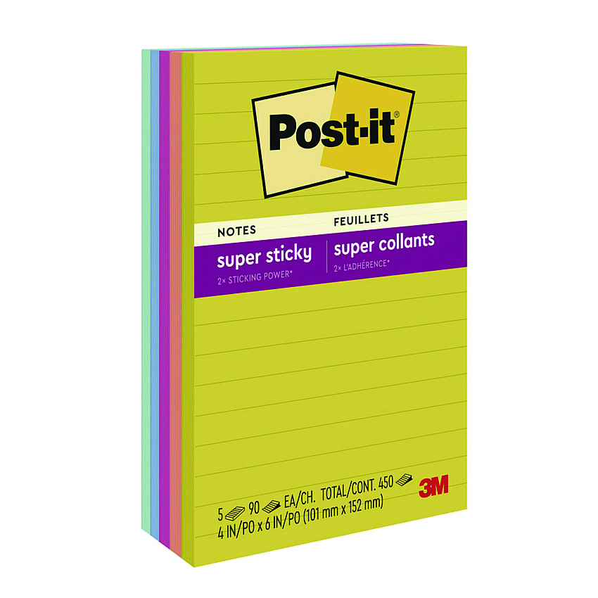 Post-it Notes Super Sticky Note Pads in Summer Joy Color Collection Colors, 4" x 6", Note Ruled, 90 Sheets/Pad, 5 Pads/Pack (MMM6605SSJOY)
