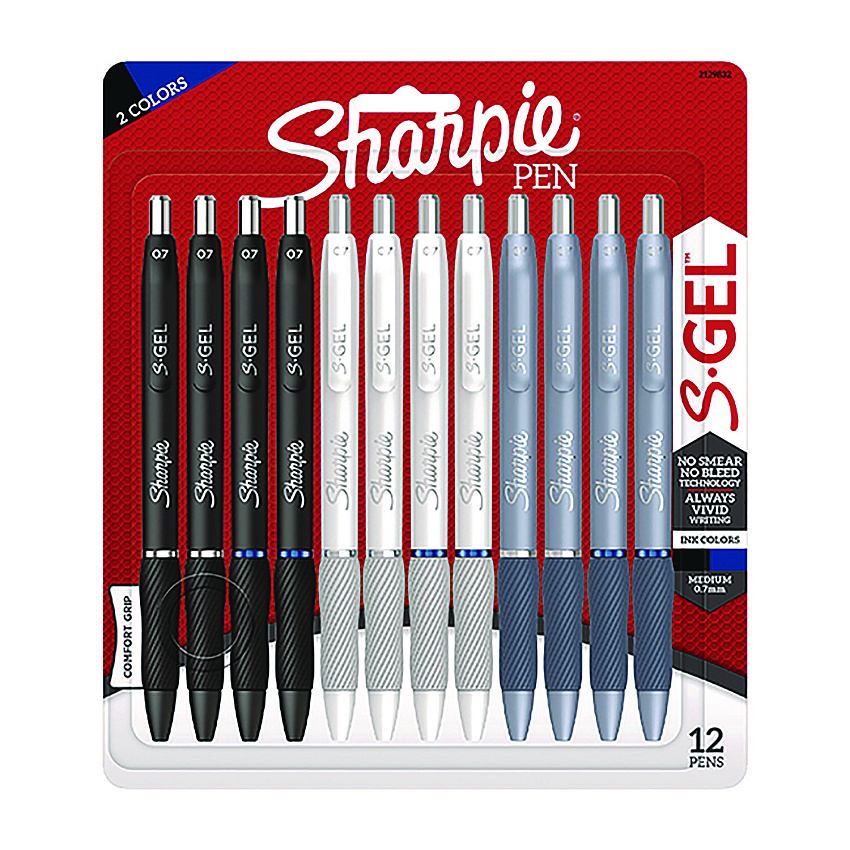 Sharpie Gel Pen, Retractable, Medium 0.7 mm, Black; Blue Ink, Black; Gray; White Barrels, 12/Pack (SAN2129832)