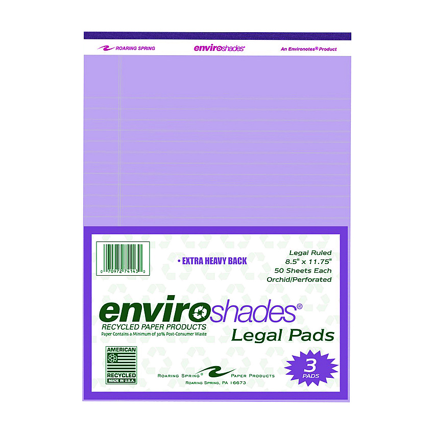 Roaring Spring Enviroshades Legal Notepads, 50 Orchid 8.5 x 11 Sheets, 3/Pack (ROA74143)