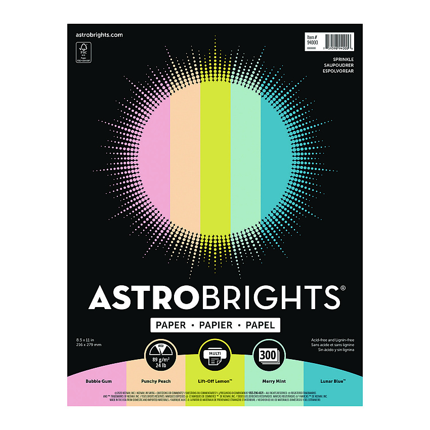 Astrobrights Color Paper - "Sprinkles" Assortment, 24 lb Bond Weight, 8.5 x 11, 25 Assorted, 300/Pack (WAU94000)