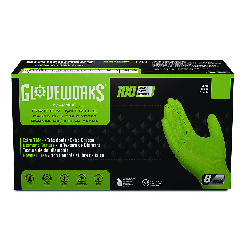 GloveWorks by AMMEX Heavy-Duty Industrial Nitrile Gloves, Powder-Free, 8 mil, Medium, Green, 100 Gloves/Box, 10 Boxes/Carton (AXCGWGN44100CT)
