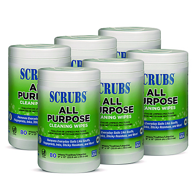 SCRUBS All Purpose Cleaning Wipes, 9 x 12, Citrus Scent, White, 80 Wipes/Canister, 6 Canisters/Carton (ITW96580)