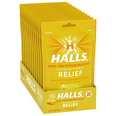 HALLS Triple Action Cough Drops, Honey-Lemon, 30/Bag, 12 Bags/Box (CDB28694)