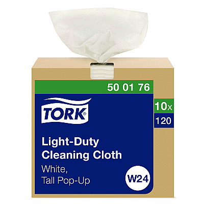 Tork Light Duty Cleaning Cloth Pop Up Box, 1-Ply, 8.3 x 16.1, White, 120 Cloths/Pack, 10 Packs/Carton (TRK500176)