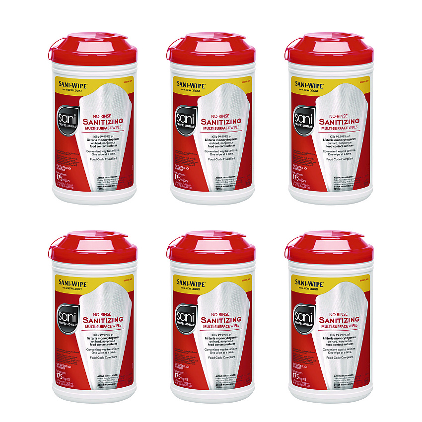 Sani Professional No-Rinse Sanitizing Multi-Surface Wipes, Unscented, White, 175/Container, 6/Carton (NICP66784)