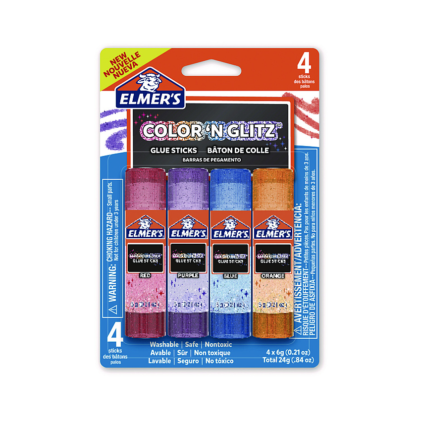 Elmer's Glitter Glue Sticks, 0.21 oz, Applies Assorted Colors, Dries Clear Glitter, 4/Pack (EPI2197114)