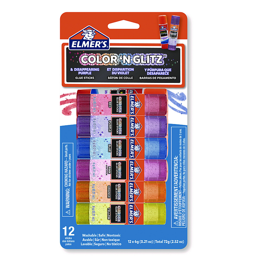 Elmer's Glitter Glue Sticks, Applies Assorted Colors, 0.21 oz, Dries Clear Glitter, 12/Pack (EPI2197116)