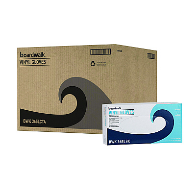 Boardwalk General Purpose Vinyl Gloves, Powder/Latex-Free, 2.6 mil, Large, Clear, 100/Box, 10 Boxes/Carton (BWK365LCT)
