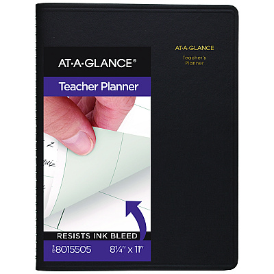AT-A-GLANCE Undated Teacher's Planner, Weekly, Two-Page Spread (Nine Classes), 10.88 x 8.25, Black Cover (AAG8015505)