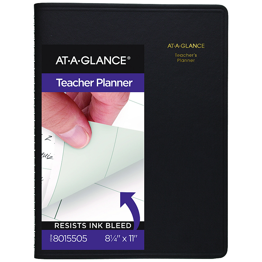 AT-A-GLANCE Undated Teacher's Planner, Weekly, Two-Page Spread (Nine Classes), 10.88 x 8.25, Black Cover (AAG8015505)