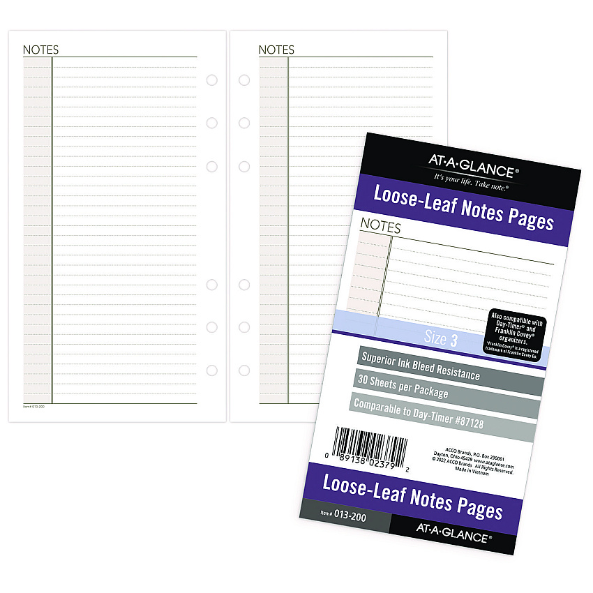 AT-A-GLANCE Lined Notes Pages for Planners/Organizers, 6.75 x 3.75, White Sheets, Undated (AAG013200)