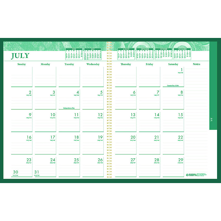 House of Doolittle 100% Recycled MonoBright Monthly/Weekly Planner, 11 x 8.5, Green/Gold Cover, 12-Month (July to June): 2025 to 2026 (283509)