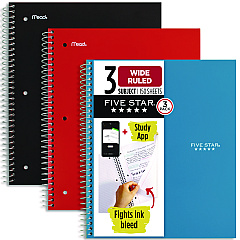 Five Star Wirebound Notebook, 3-Subject, Wide/Legal Rule, Assorted Cover Color, (150) 10.5 x 8.63 Sheets, 3/Pack (MEA930081)