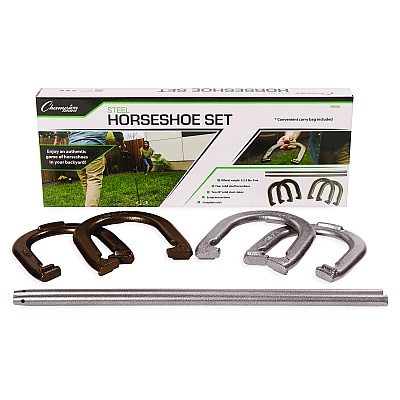Champion Sports Steel Horseshoe Set, (4) Horseshoes/(2) 20" Stakes/Nylon Carry Bag (CSIIHS20)