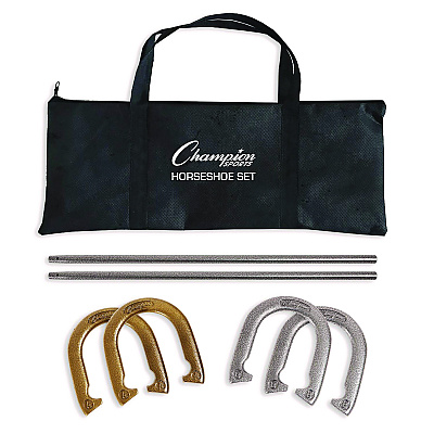Champion Sports Steel Horseshoe Set, (4) Horseshoes/(2) 24" Stakes/Nylon Carry Bag (CSIIHS100)