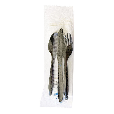 Boardwalk Six-Piece Cutlery Kit, Fork/Knife/Napkin/Pepper/Salt/Spoon, Black, 250/Carton (BWKCOMBO6KIT)