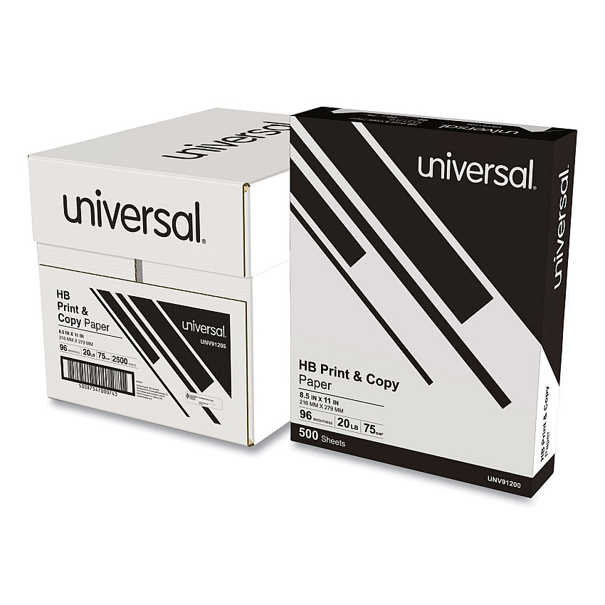 Universal High-Bright Multipurpose Paper, 20 lb Bond Weight, 8.5 x 11, Bright White, 500 Sheets/Ream, 5 Reams/Carton (UNV91205)
