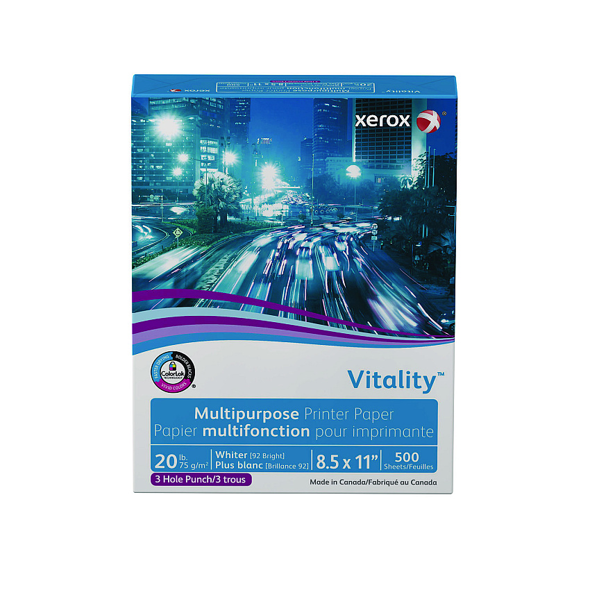 Xerox Vitality Multipurpose Print Paper, 92 Bright, 3-Hole, 20 lb Bond Weight, 8.5 x 11, White, 500/Ream (3R02641RM)