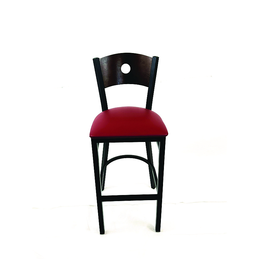 JMC Furniture Circle Series Barstool, Supports Up to 300 lb, 28.5" Seat Height, Burgundy Seat, Dark Walnut Back, Black Base (CRBBVBURC)