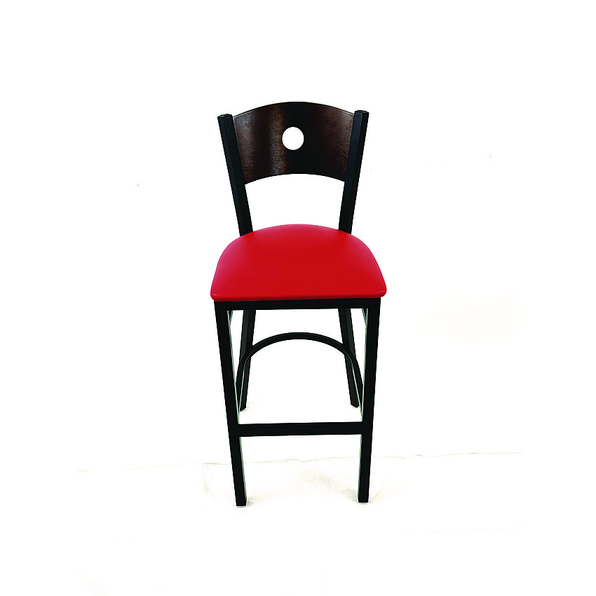 JMC Furniture Circle Series Barstool, Supports Up to 300 lb, 28.5" Seat Height, Red Seat, Dark Walnut Back, Black Base (CRBBVREDC)