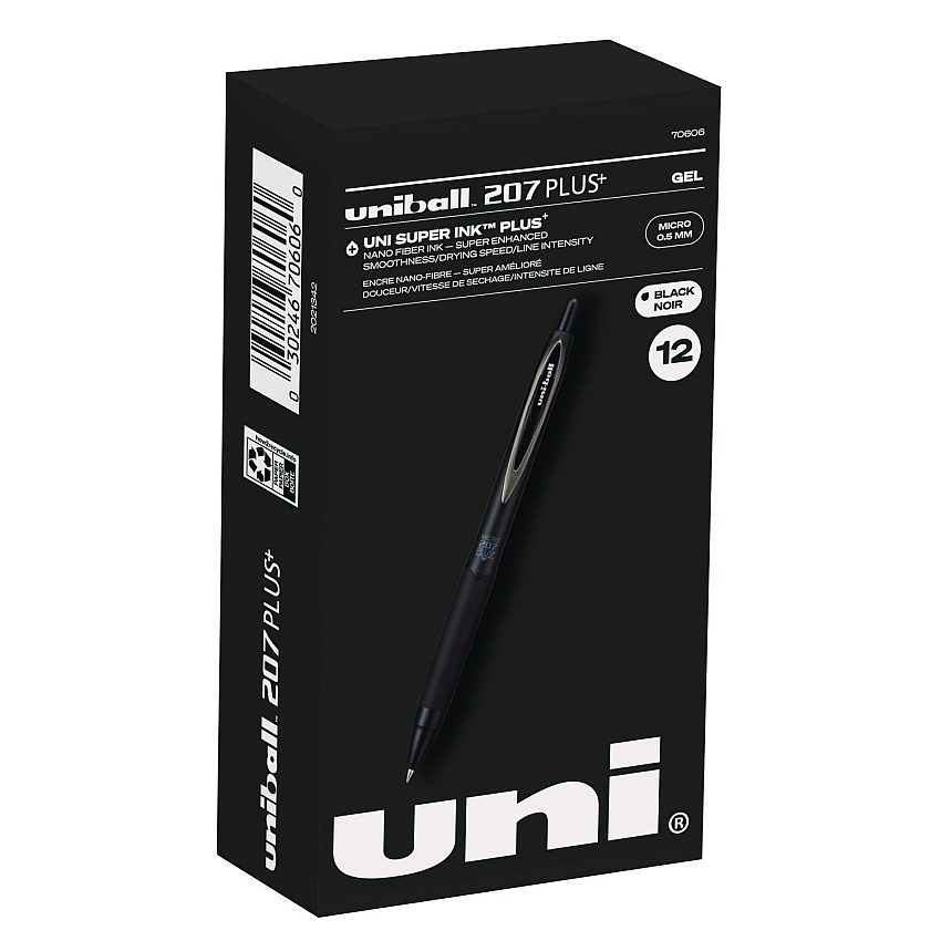 uniball 207 Plus+ Gel Pen, Retractable, Micro 0.5 mm, Black Ink, Black Barrel, Dozen (UBC70606)