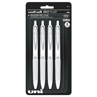 uniball 207 Plus+ Gel Pen, Retractable, Medium 0.7 mm, Black Ink, White Barrel, 4/Pack (UBC70652)