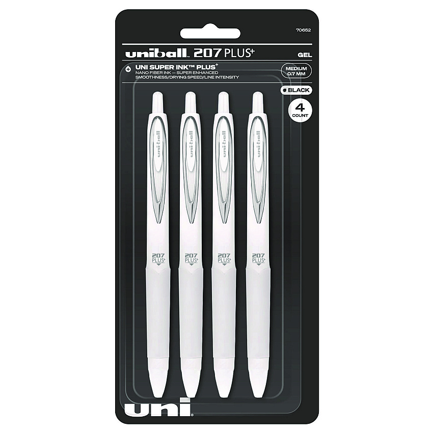 uniball 207 Plus+ Gel Pen, Retractable, Medium 0.7 mm, Black Ink, White Barrel, 4/Pack (UBC70652)
