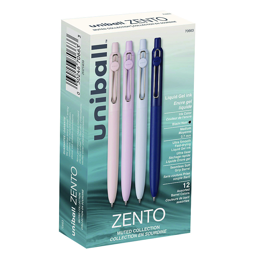 uniball Zento Gel Pen, Retractable, Medium 0.7 mm, Black Ink, Coastal/Fog/Ivory/Lavender Barrel Colors, Dozen (UBC70663)