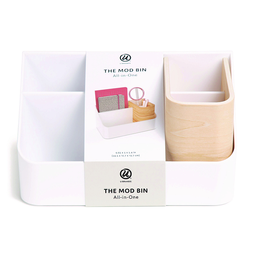 U Brands Mod All-in-One Desktop Organizer, 4 Compartments, 5.39 x 9.65 x 5.08, Plastic/Wood, White (UBR5390U0312)