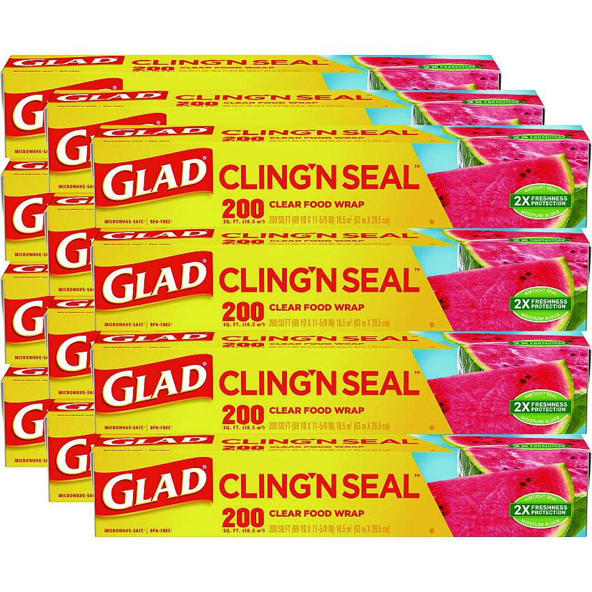 Glad Cling'N Seal Plastic Food Wrap, 200 Square Foot Roll, Clear, 12 Rolls/Carton (CLO00020CT)