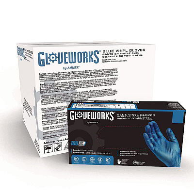 GloveWorks by AMMEX Industrial Vinyl Gloves, Powder-Free, 3 mil, Small, Blue, 100 Gloves/Box, 10 Boxes/Carton (AXCIVBPF42100)