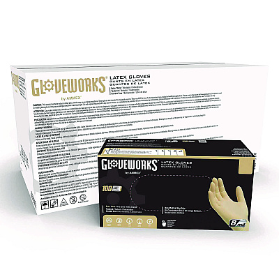 GloveWorks by AMMEX Extra Thick Latex Disposable Gloves, Powder-Free, Medium, 6 mil Thick, 9.5" Long, Ivory, 100/Box, 10 Boxes/Carton (ILHD44100)