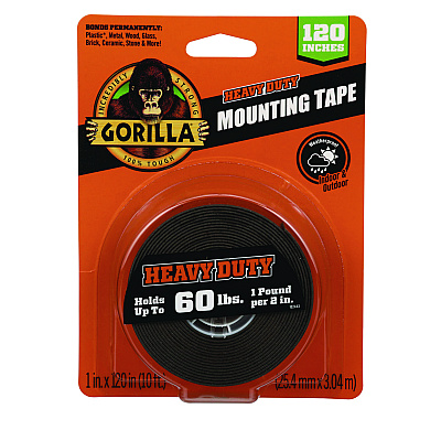 Gorilla Heavy Duty Mounting Tape, Permanent, Holds Up to 60 lb (1 lb per 2 in), 1 x 120, Black (GOR102441)