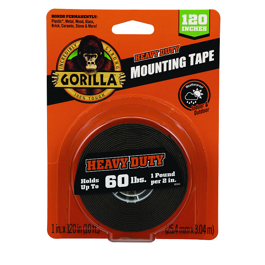 Gorilla Heavy Duty Mounting Tape, Permanent, Holds Up to 60 lb (1 lb per 2 in), 1 x 120, Black (GOR102441)