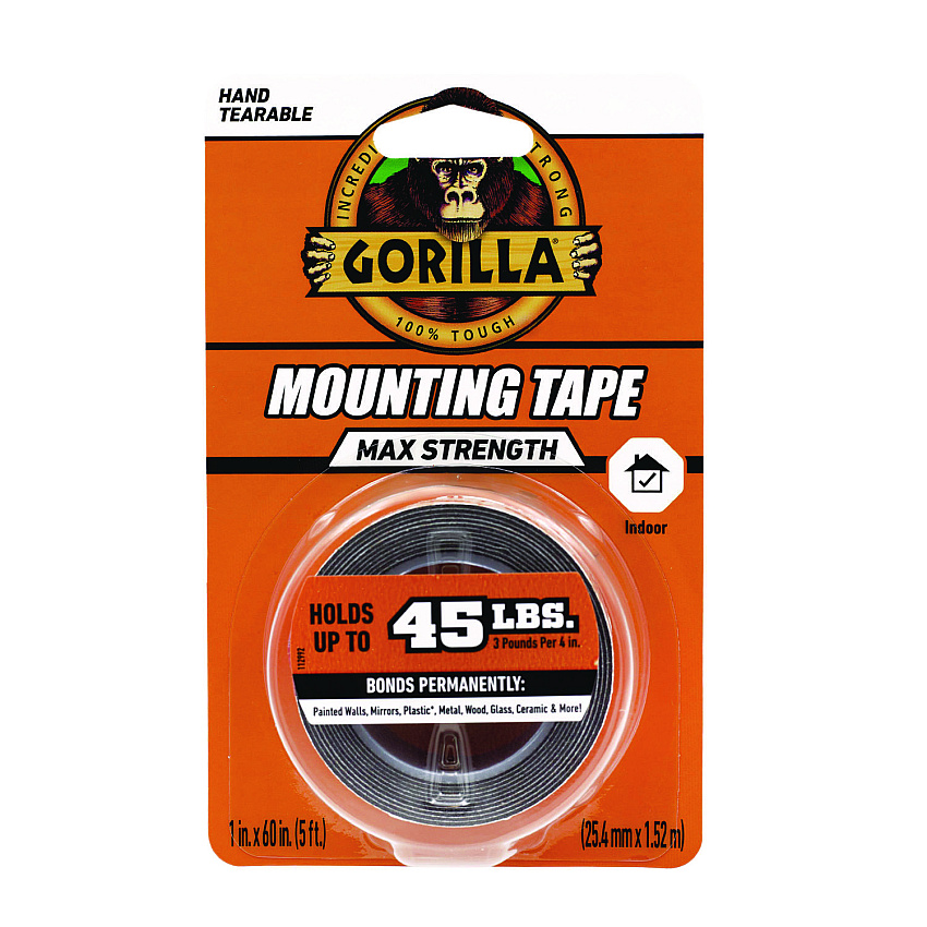 Gorilla Max Strength Mounting Tape, Permanent, Holds Up to 45 lb (3 lbs per 4 in), 1 x 60, Black (GOR112962)