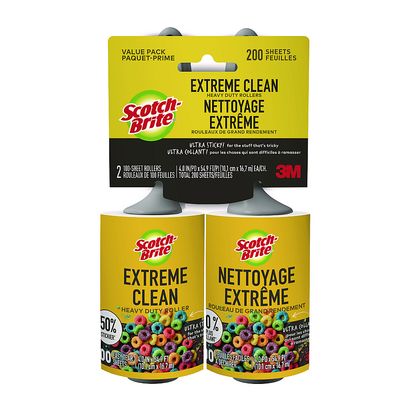 Scotch-Brite Extreme Clean Lint Roller, 4" x 54.59 ft, 100 Sheets/Roll, 2/Pack (MMM830RS100TP)